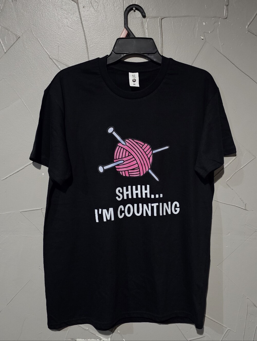 Black Graphic Tee with Pink Yarn Illustration - Shhh I'm Counting